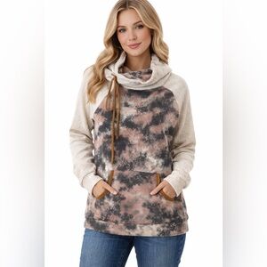 7th Ray Tie Dye Cowl Neck Hoodie Sweater Pink BlackCream Kangaroo Pocket Size L